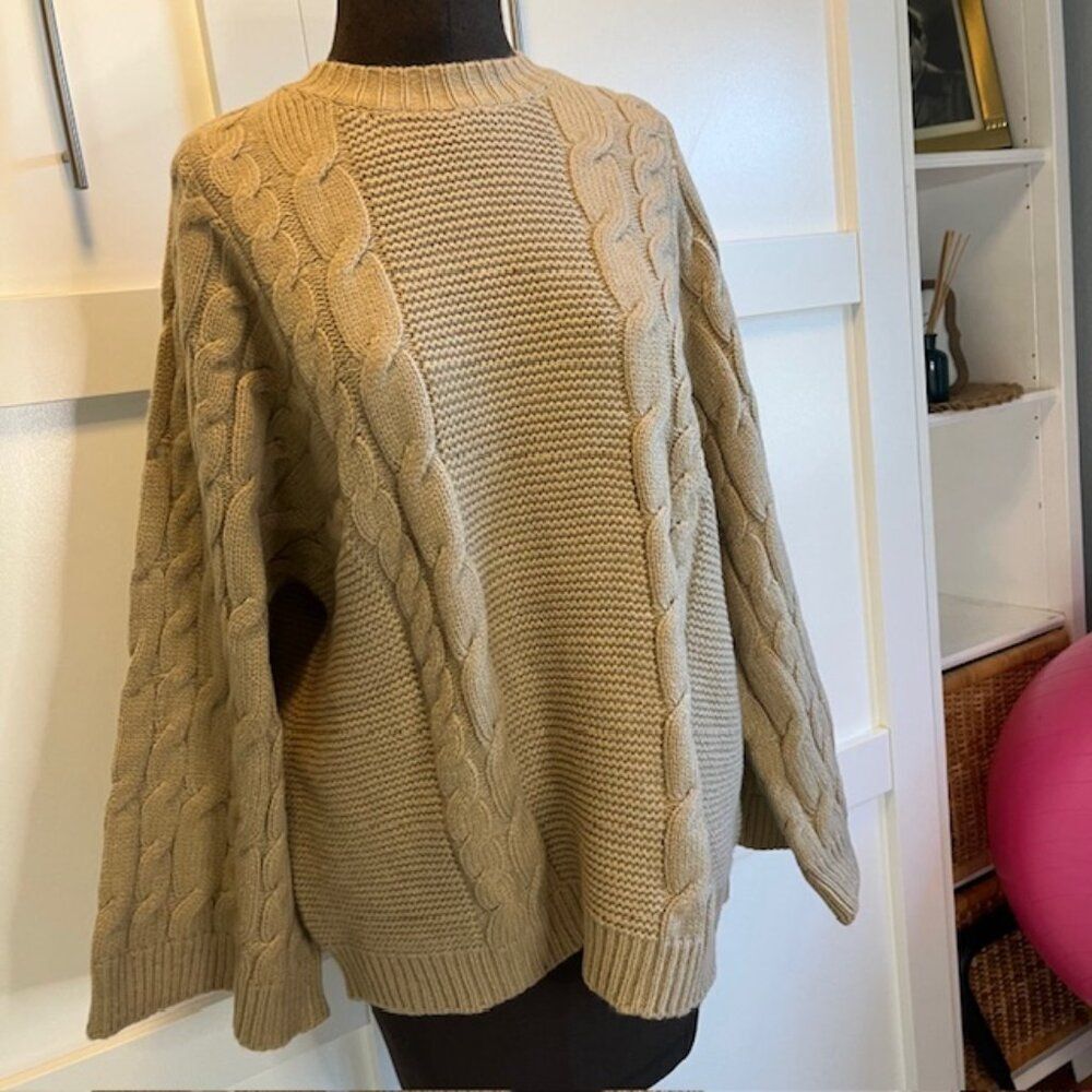 Beige Oversized Cable Knit Sweater, Size S